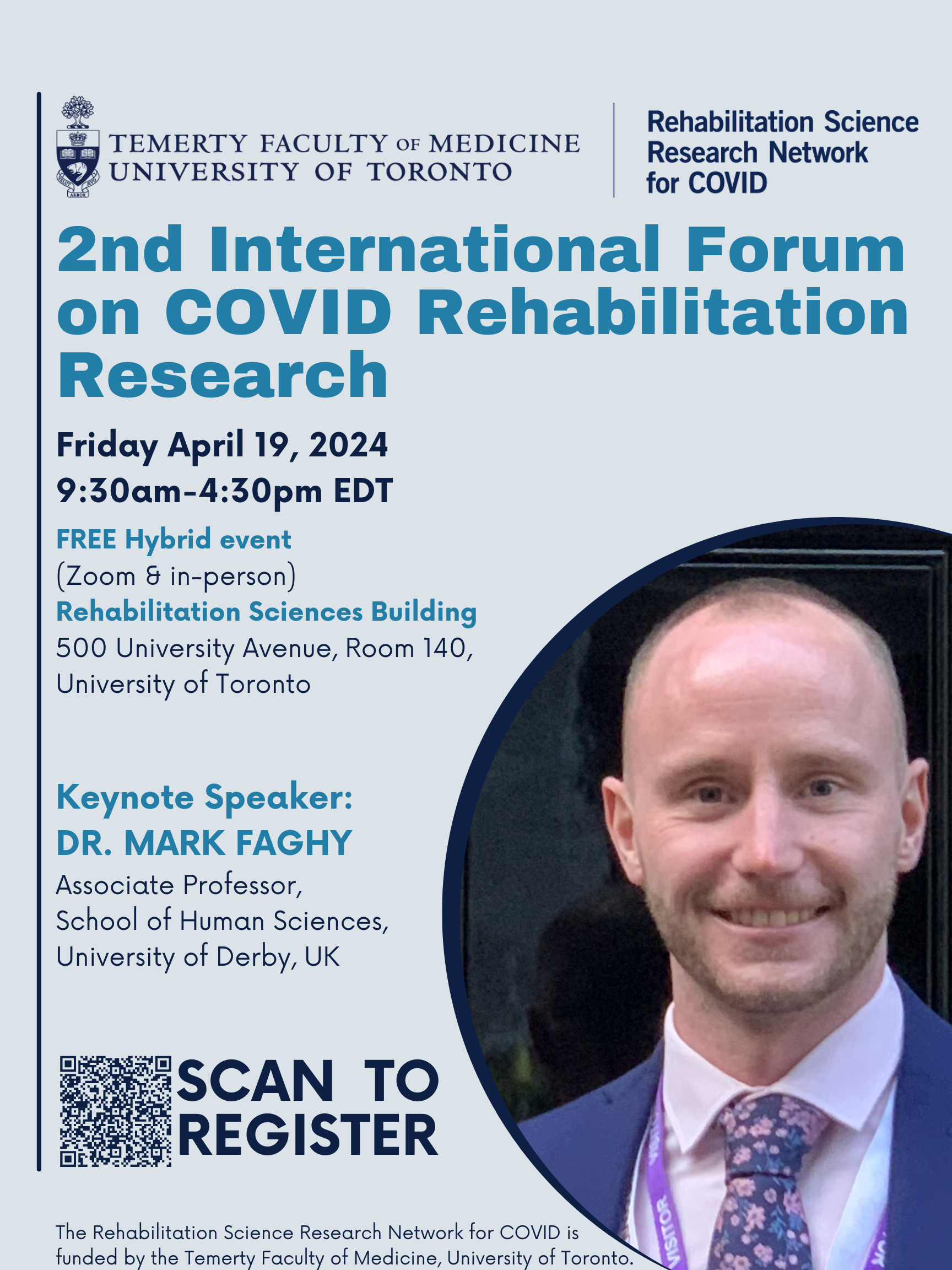 Promotional poster for the 2024 Special Rehab Grand Rounds hosted by the Rehabilitation Science Research Network for COVID